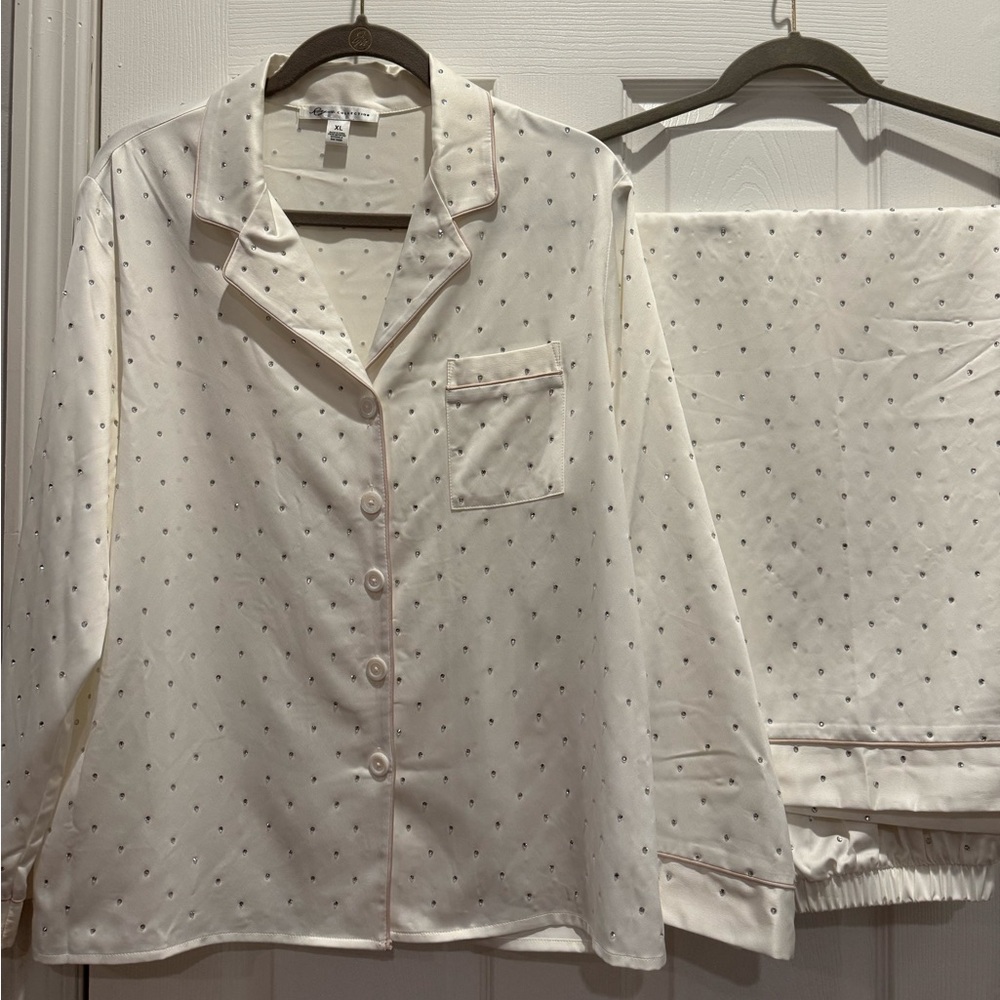 Elegant White Crystal Embellished Pajama Set